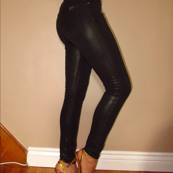 7 For All Mankind Skinny Low Rise Dark Green Coated Leather-look Jeans 24 25 new - Picture 3 of 9